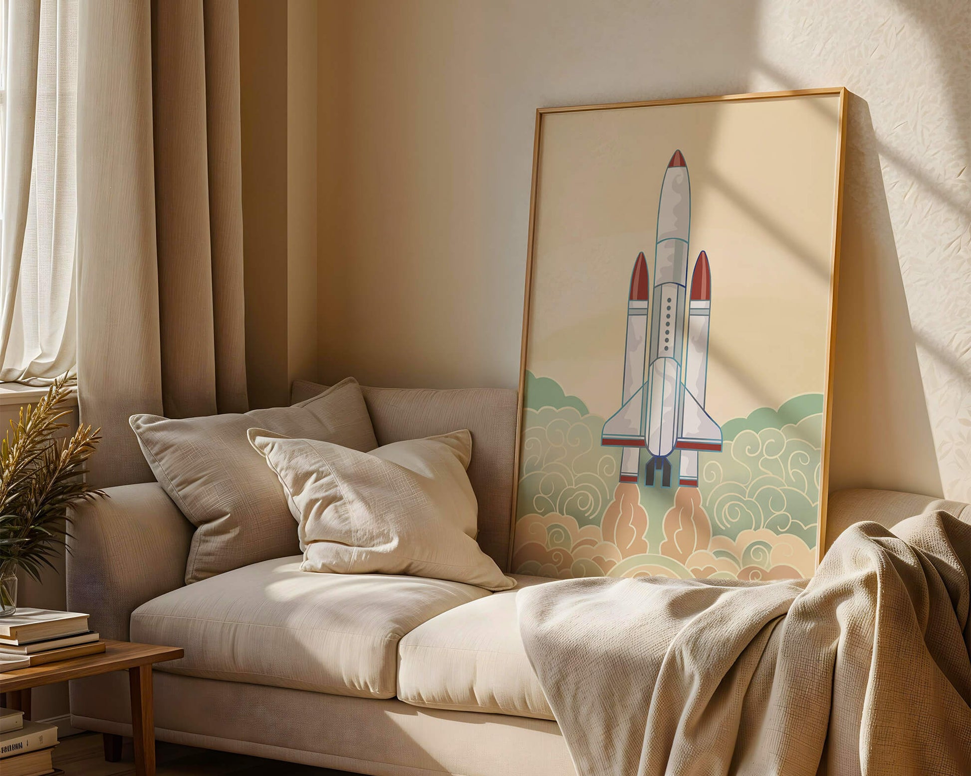 Colorful rocket launch from vintage-style clouds