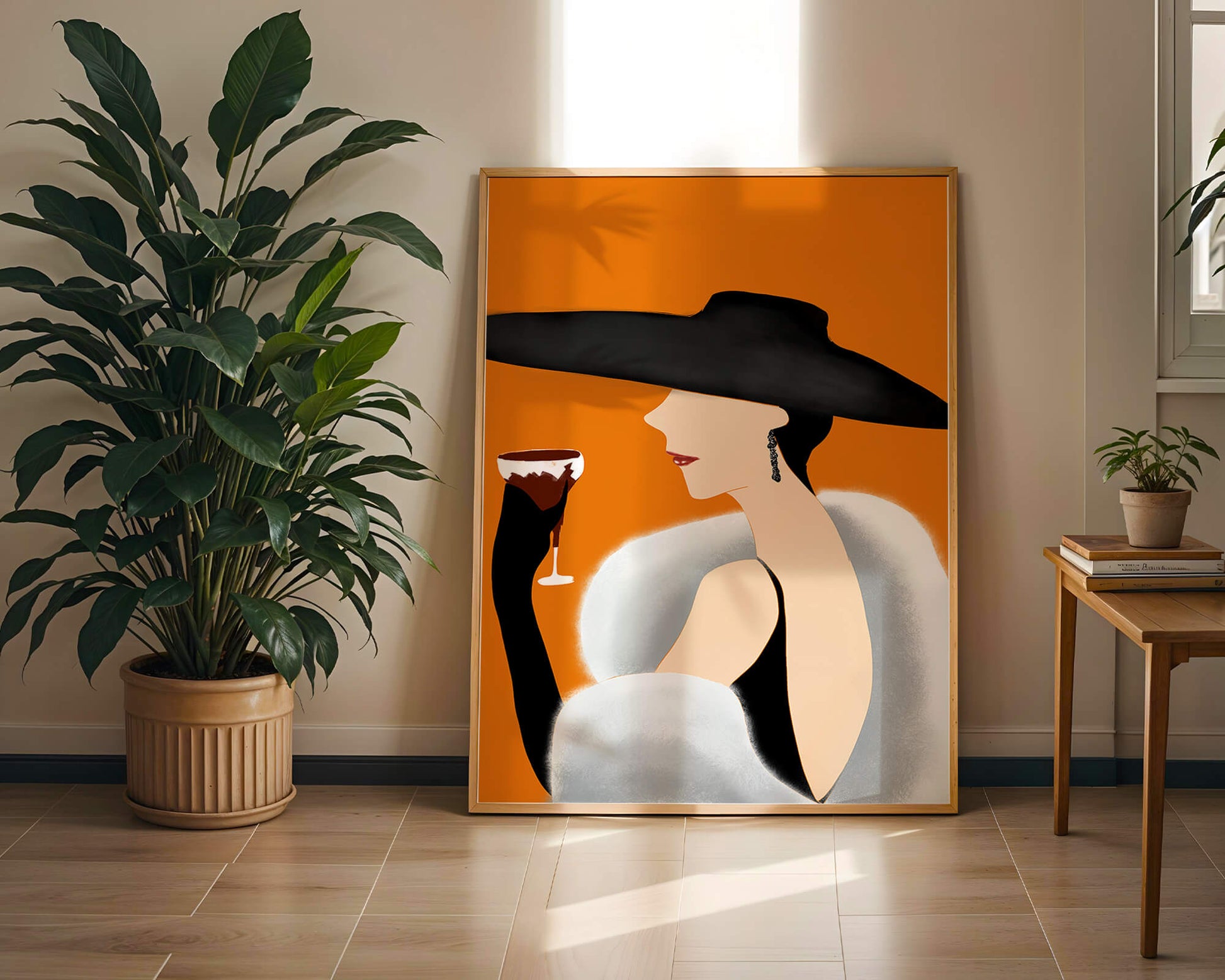 Elegant Woman in Black Hat and White Fur with Wine Glass