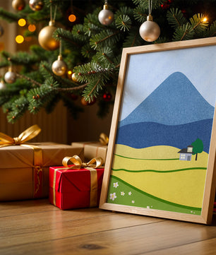 Serene Countryside Landscape with Mountain and Flowers