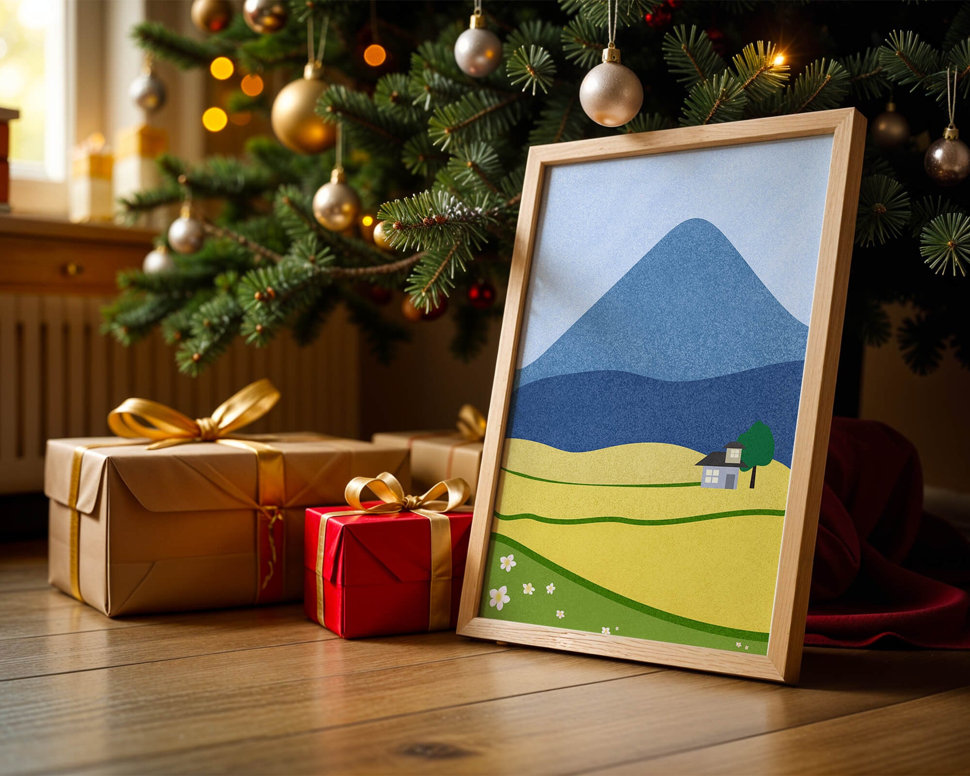 Serene Countryside Landscape with Mountain and Flowers