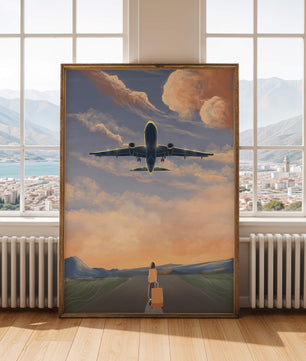 Serene airport departure with airplane and traveler at sunset