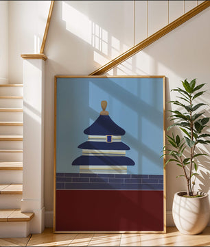 Ilustración abstracta del Templo del Cielo con detalles azules y dorados