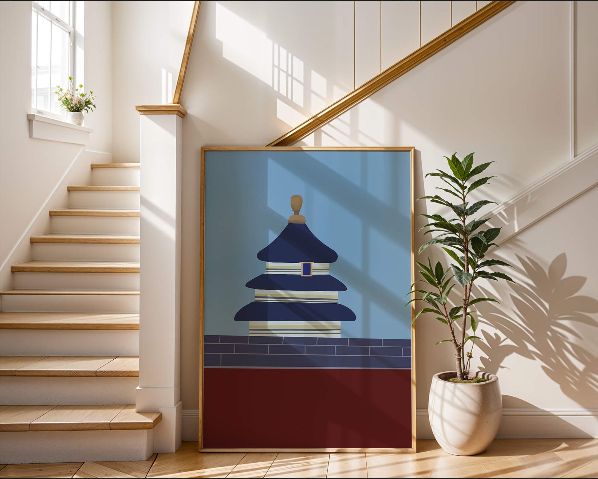 Ilustración abstracta del Templo del Cielo con detalles azules y dorados