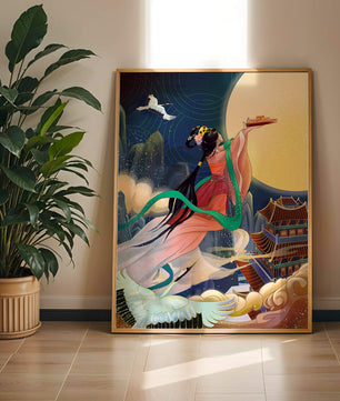 Oriental Fantasy Scene with Woman Offering Gift to the Moon