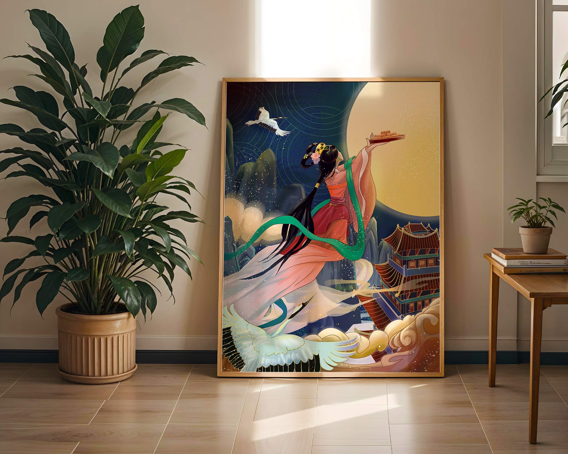 Oriental Fantasy Scene with Woman Offering Gift to the Moon