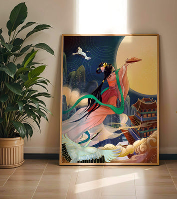 Oriental Fantasy Scene with Woman Offering Gift to the Moon