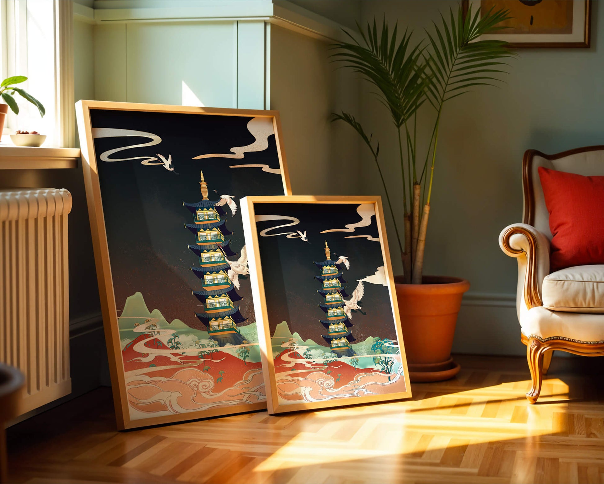 Illustrated scene of traditional pagoda with cranes in colorful landscape