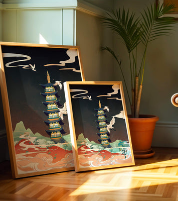 Illustrated scene of traditional pagoda with cranes in colorful landscape