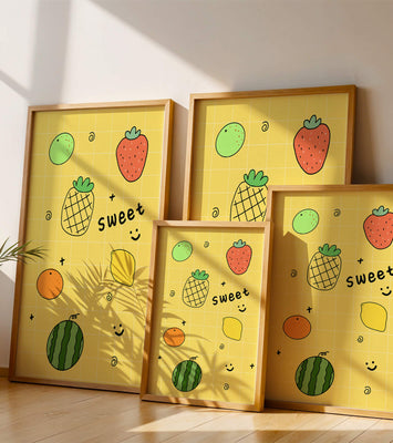 Playful fruit pattern on yellow grid background