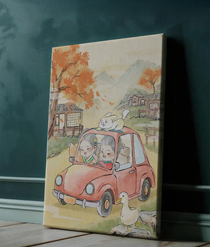 Charmante Landfahrt mit verspielten Charakteren und herbstlicher Landschaft