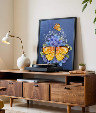Bright butterfly with blue flowers on a starry background