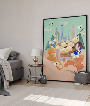 Illustration de la ligne d’horizon de Shanghai avec des raviolis et des éléments asiatiques