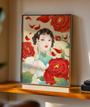 Mujer elegante rodeada de vibrantes flores y pétalos rojos