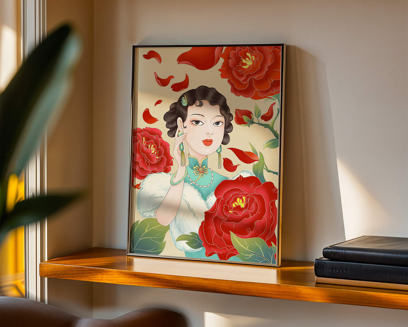 Elegant woman surrounded by vibrant red flowers and petals