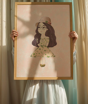 Ilustración encantadora de una niña con vestido y sombrero floral