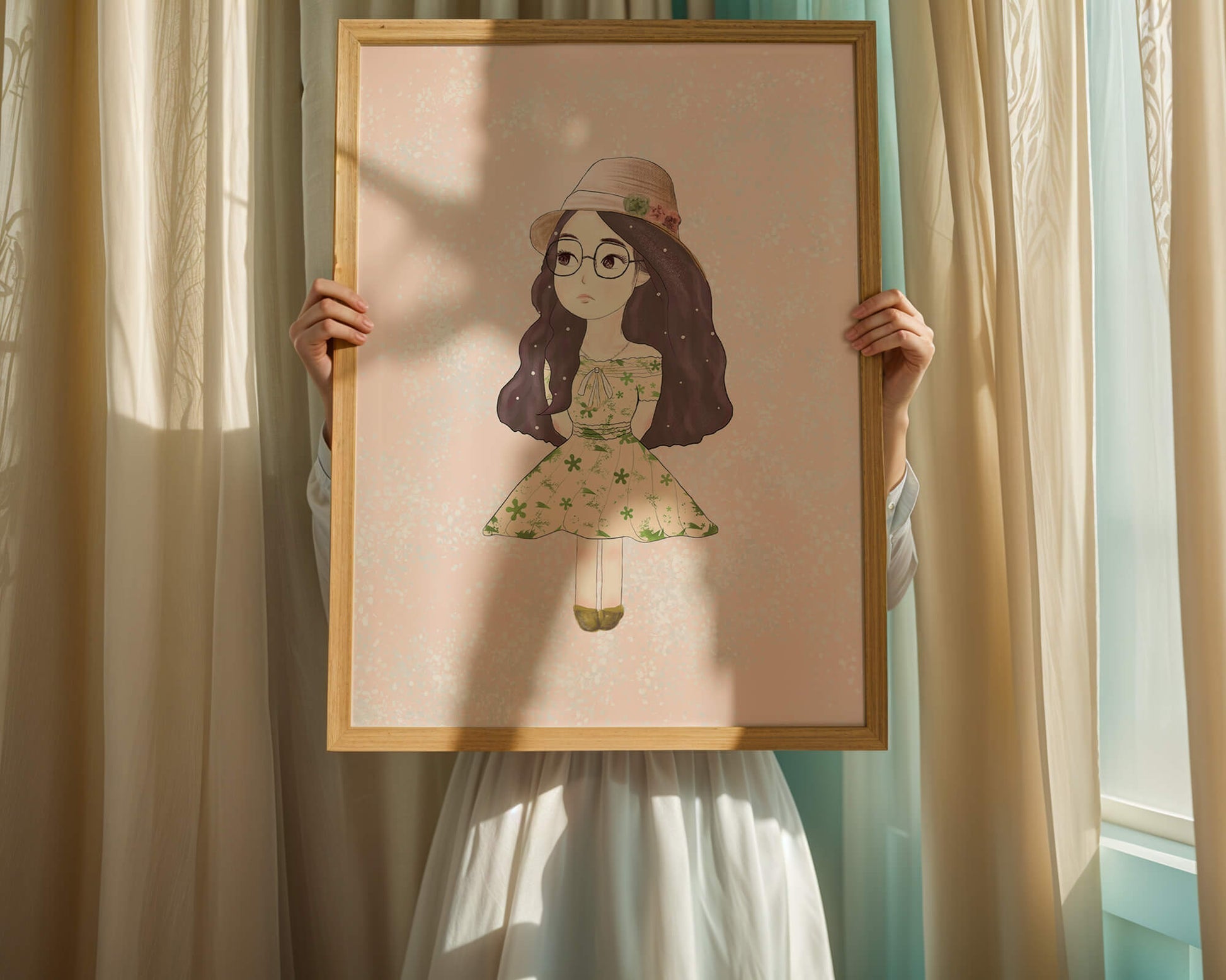 Charming illustration of a girl in a floral dress and hat