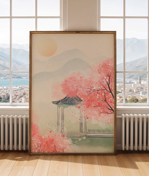 Paisaje sereno con cerezos en flor y templete tradicional