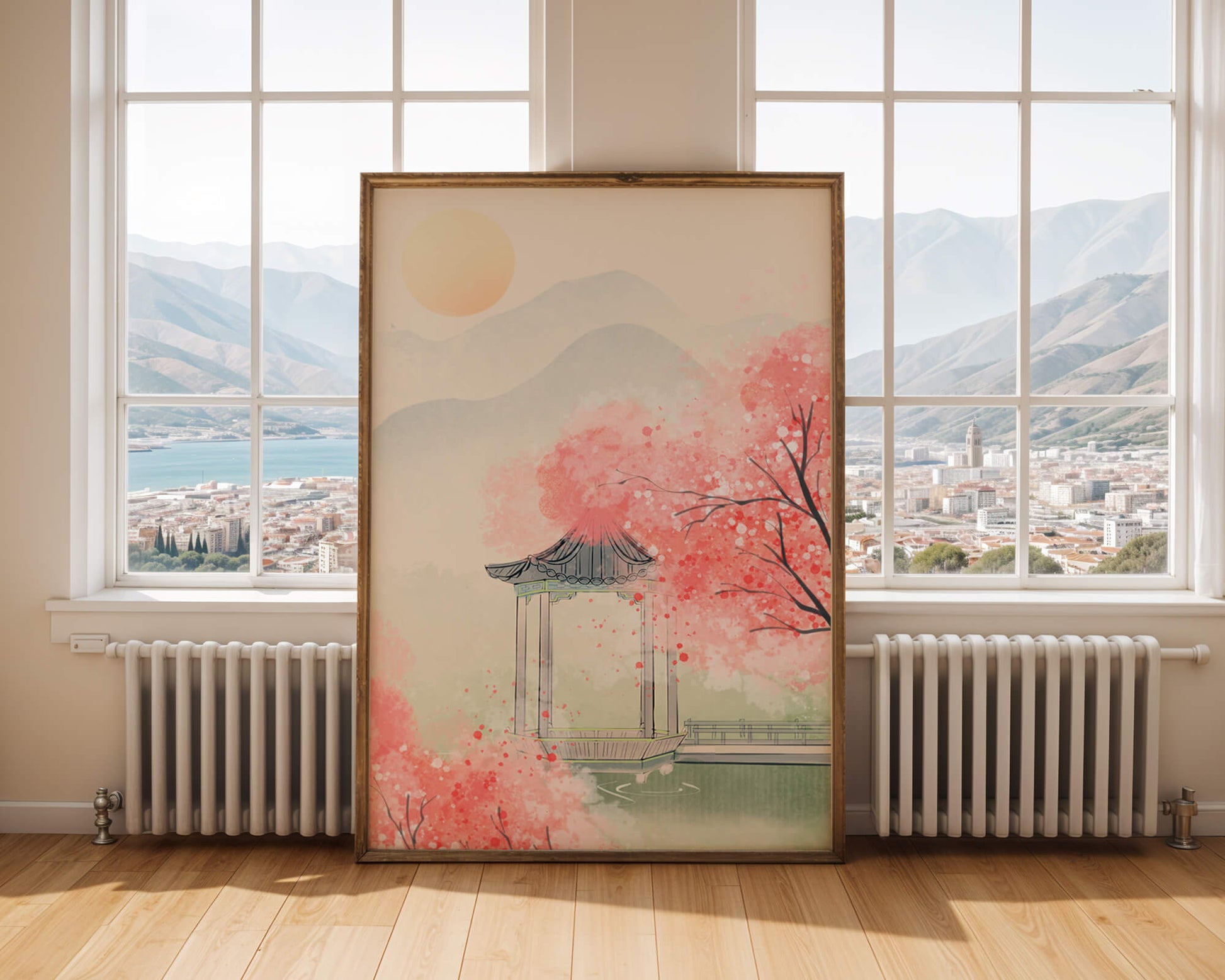 Serene landscape with cherry blossoms and traditional gazebo