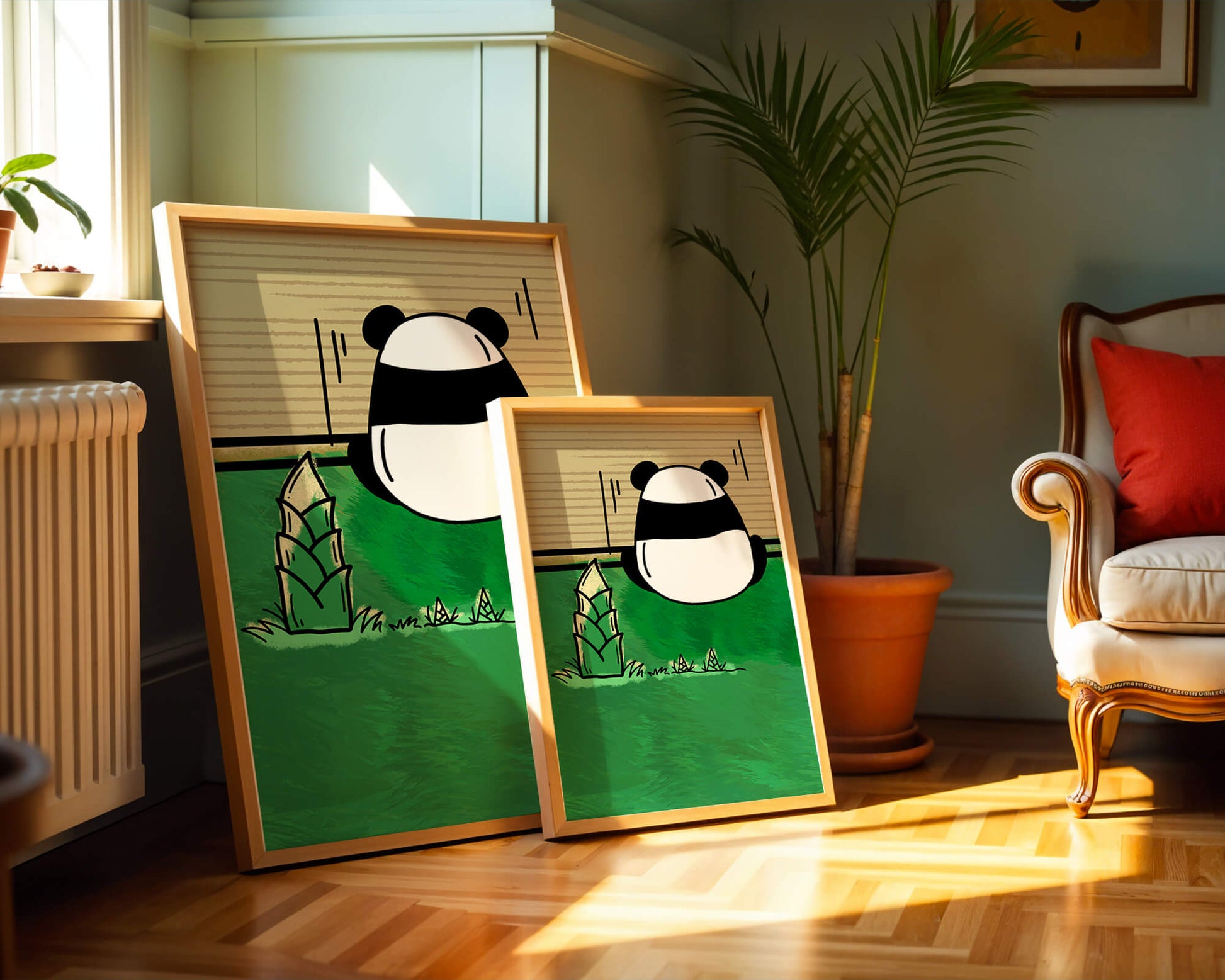 Whimsical panda in a green bamboo forest background
