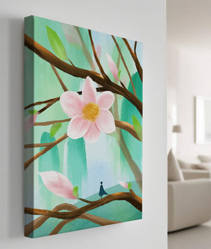 Obra floral serena con una gran flor rosa en las ramas de un árbol