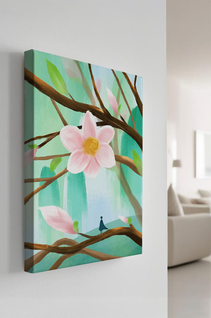 Serene floral artwork with large pink flower on tree branches