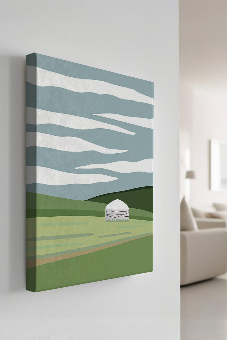 Paisaje escénico con yurta en campos verdes serenos