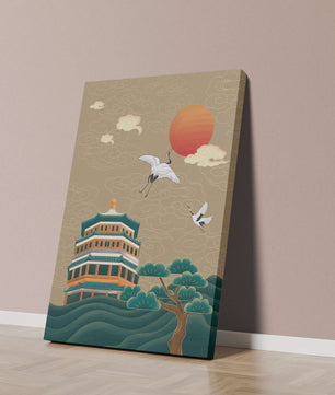Traditional Asian artwork with cranes and pagoda under a red sun