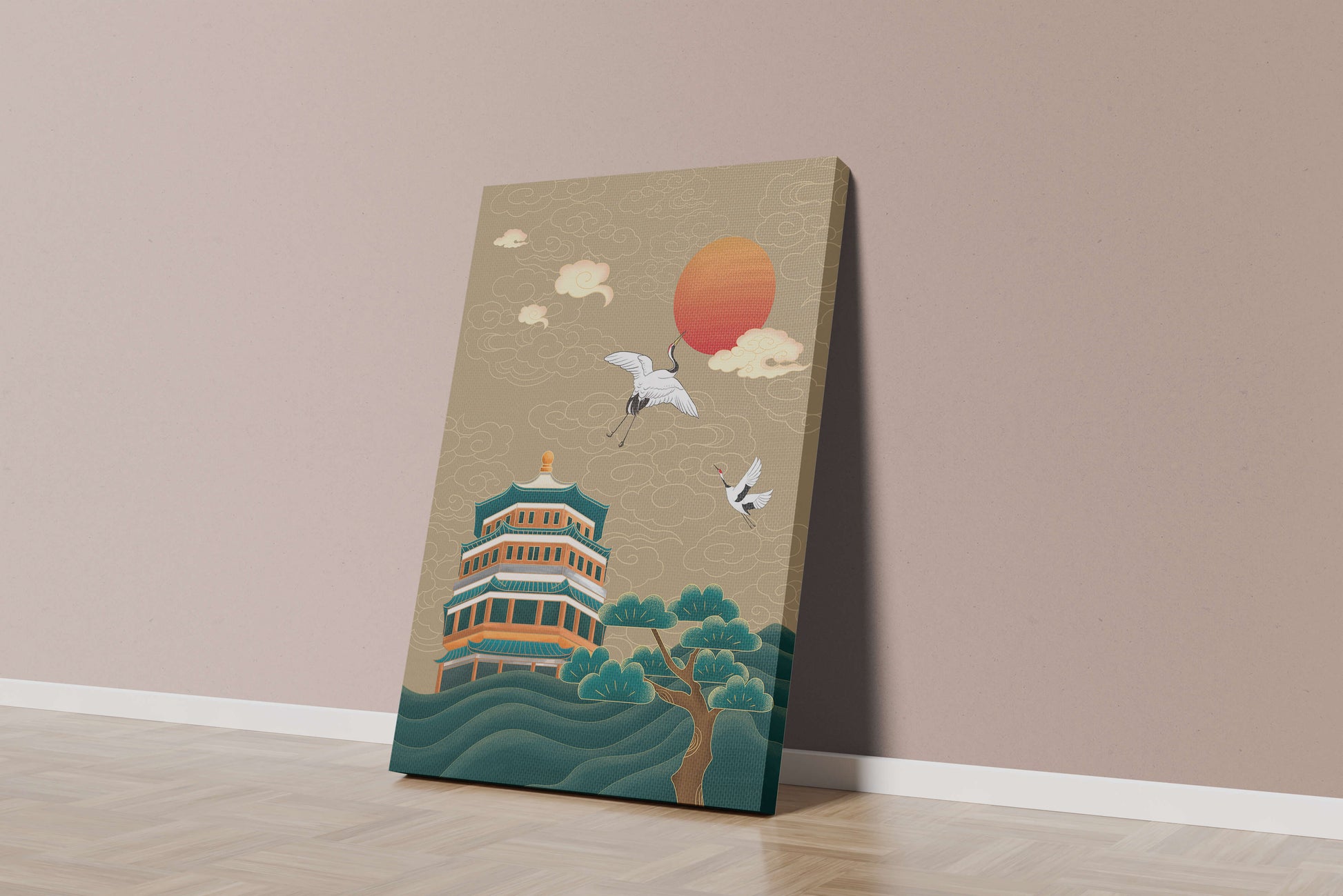 Obra de arte asiática tradicional con grullas y pagoda bajo un sol rojo
