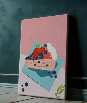 Bunte Dessertillustration mit Erdbeeren und Blaubeeren auf pastellfarbenem Hintergrund