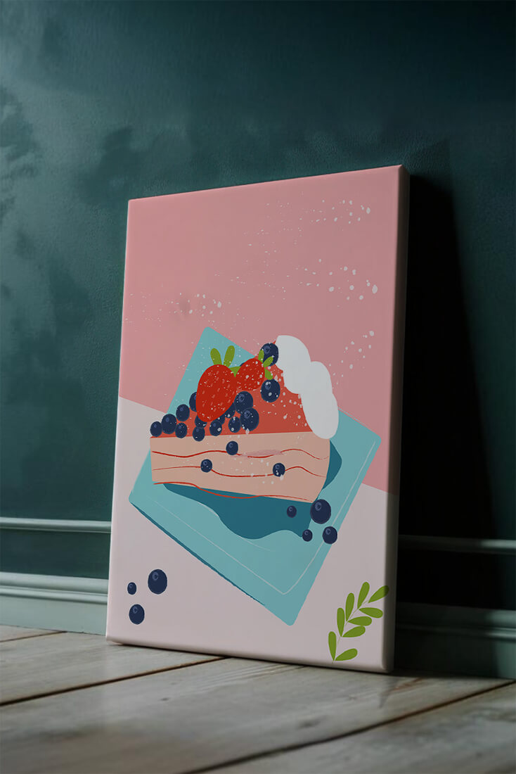 Bunte Dessertillustration mit Erdbeeren und Blaubeeren auf pastellfarbenem Hintergrund
