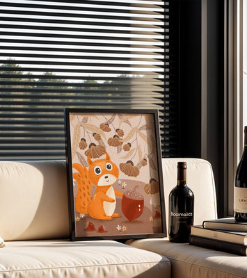 Orange Squirrel with Acorn in Autumn Forest