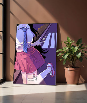 Estilo anime de una escolar posando con el signo de la paz en colores vibrantes