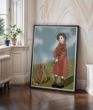 Jeune fille avec des tresses tenant des fleurs à côté d’un chiot heureux dans un champ paisible