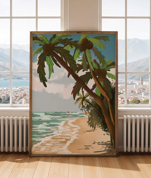 Tranquil Beach Scene with Palm Trees and Sailboats