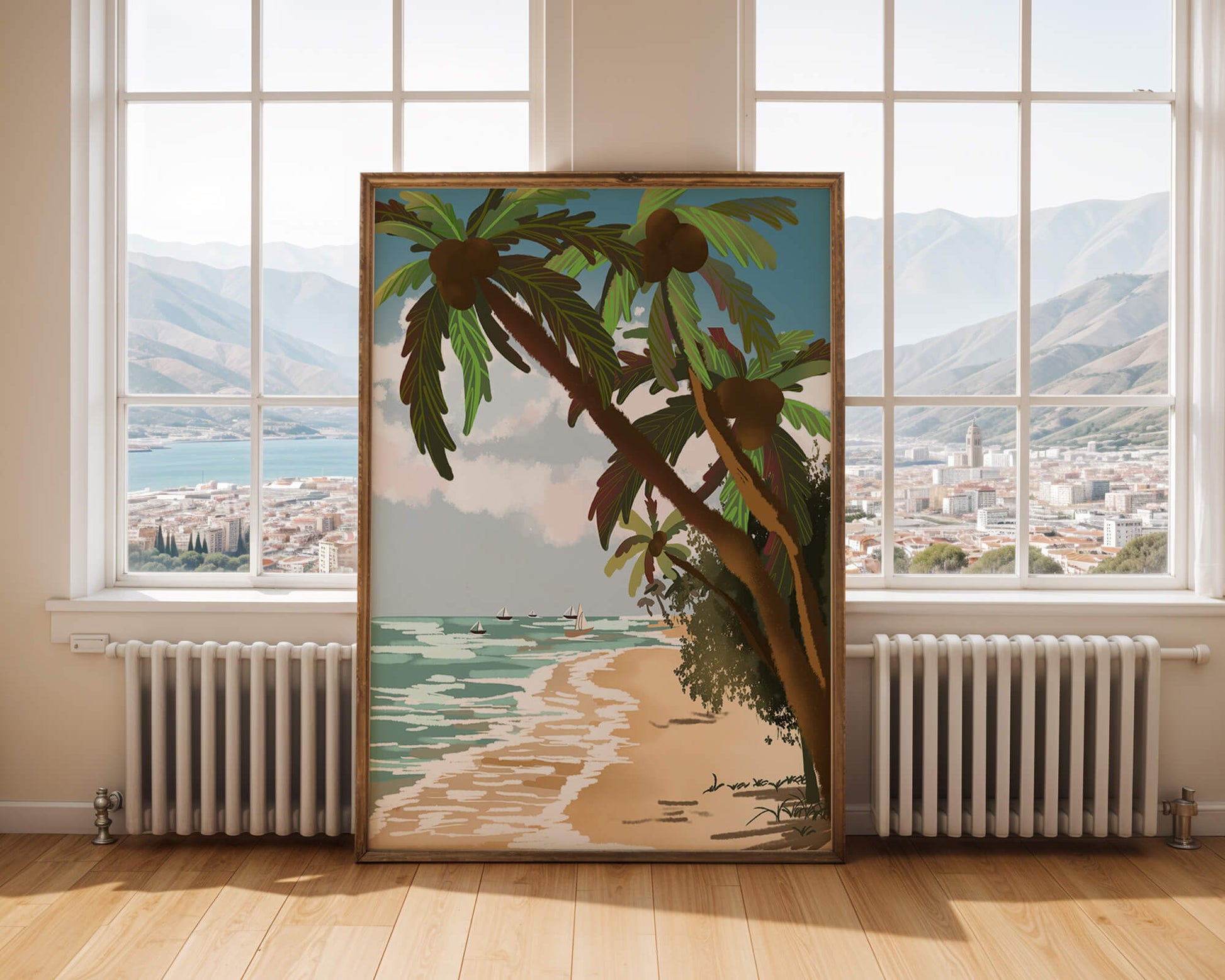 Tranquil Beach Scene with Palm Trees and Sailboats