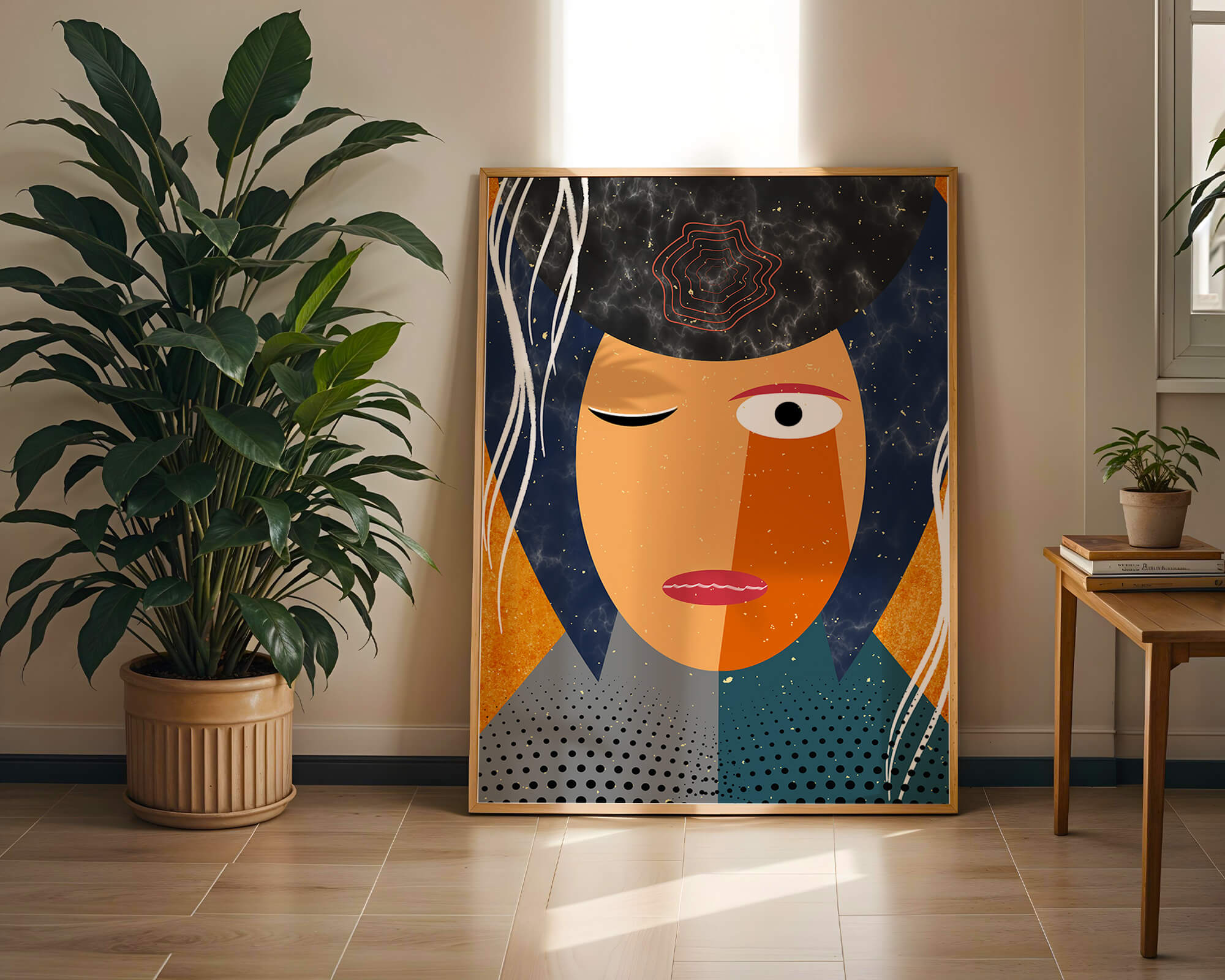 Abstract geometric portrait featuring vibrant colors and textures