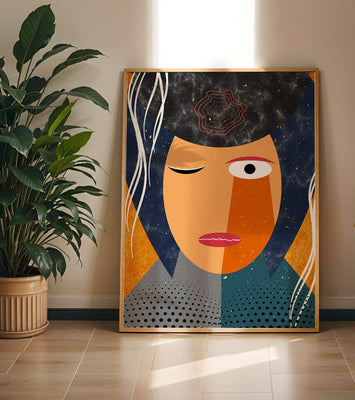 Abstract geometric portrait featuring vibrant colors and textures