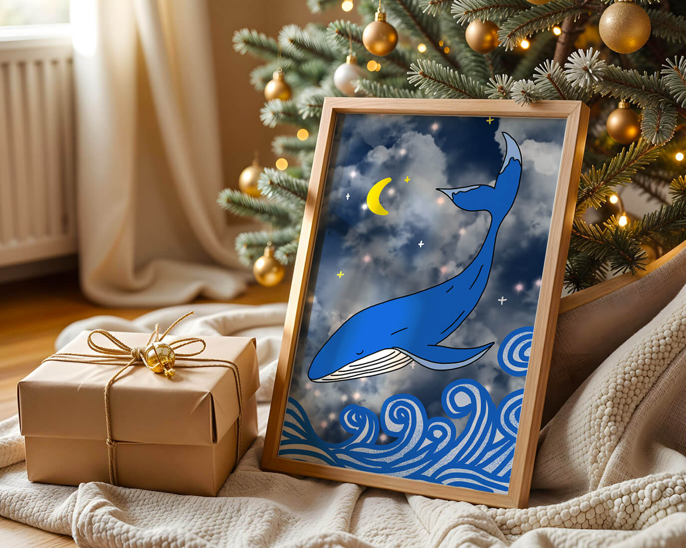 Whimsical blue whale in a starry night ocean scene