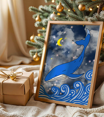 Whimsical blue whale in a starry night ocean scene