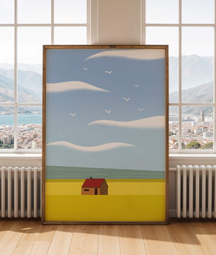 Minimalistic Landscape with House and Sky