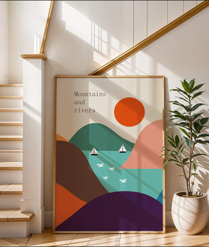 Abstract landscape with vibrant colors and geometric shapes