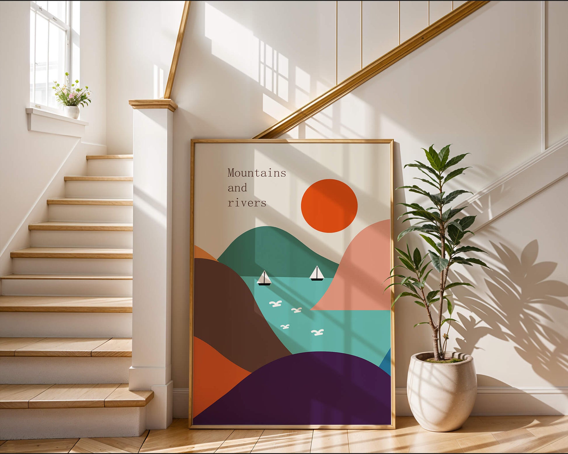Abstract landscape with vibrant colors and geometric shapes