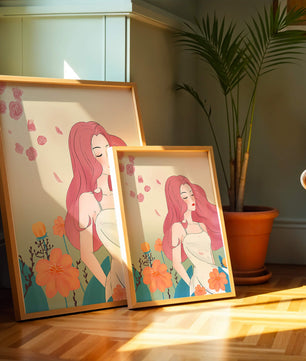 Illustration of a serene woman in a floral dress with flowing red hair