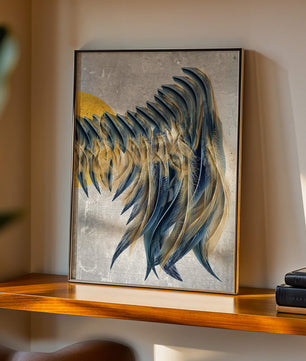 Abstract Composition with Blue and Gold Accents on Textured Background