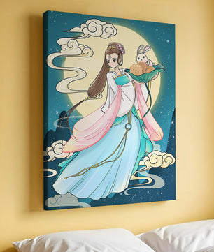 Traditional Asian-inspired artwork featuring a woman and rabbit under a moonlit sky