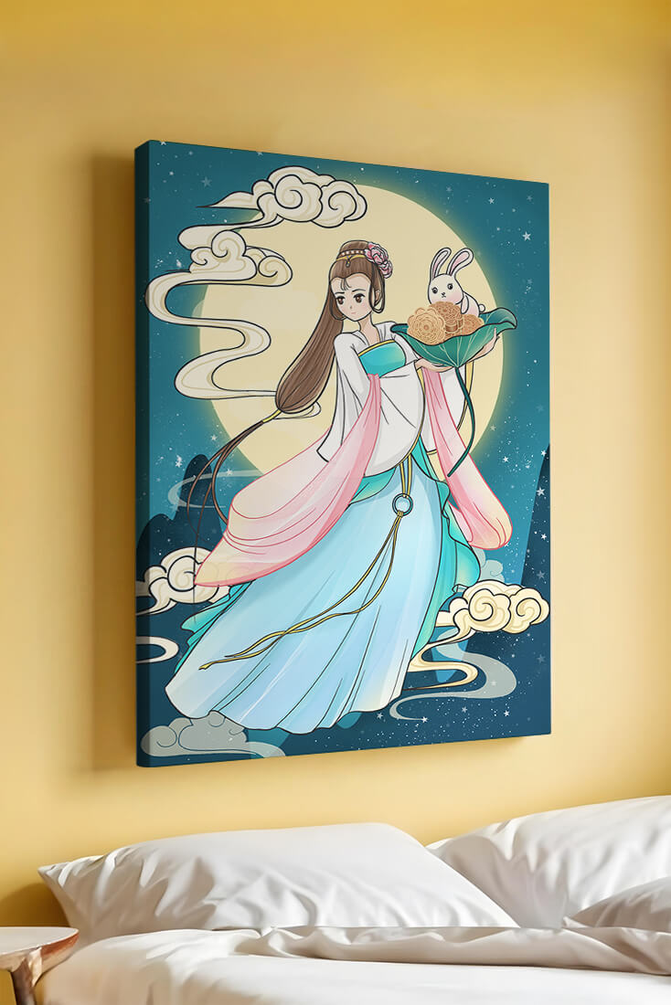 Traditional Asian-inspired artwork featuring a woman and rabbit under a moonlit sky
