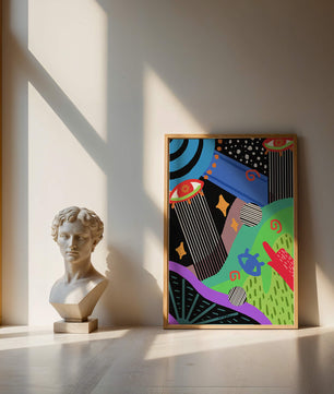 Œuvre d'art psychédélique abstraite colorée avec des formes géométriques et des yeux