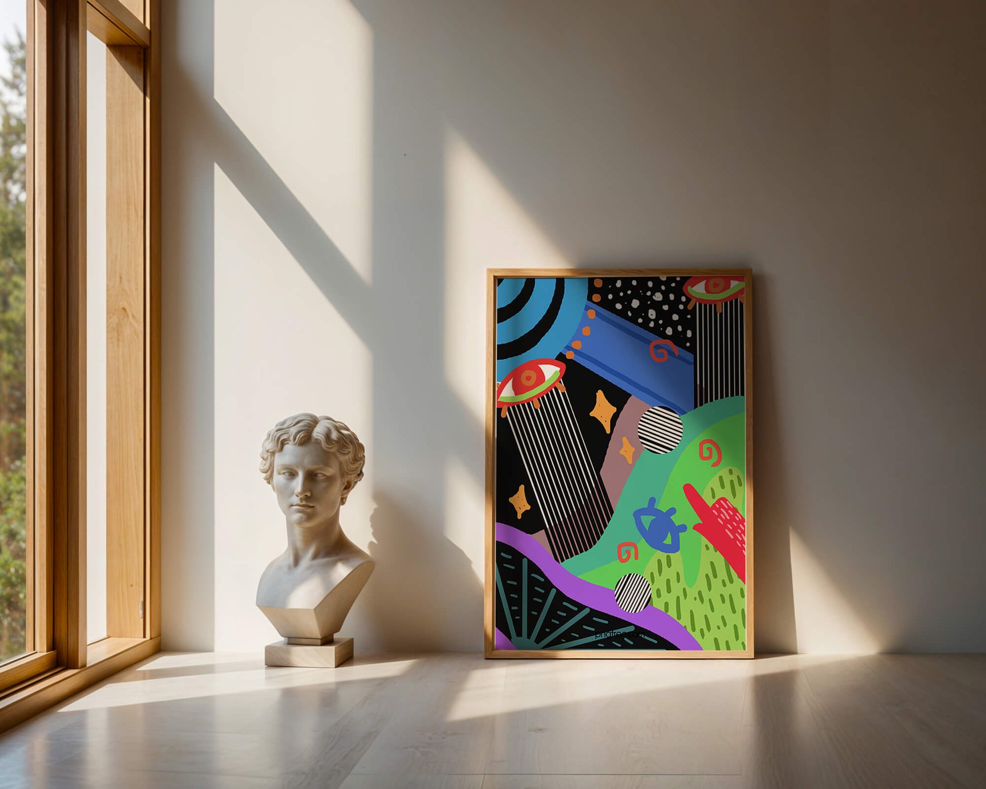 Œuvre d'art psychédélique abstraite colorée avec des formes géométriques et des yeux