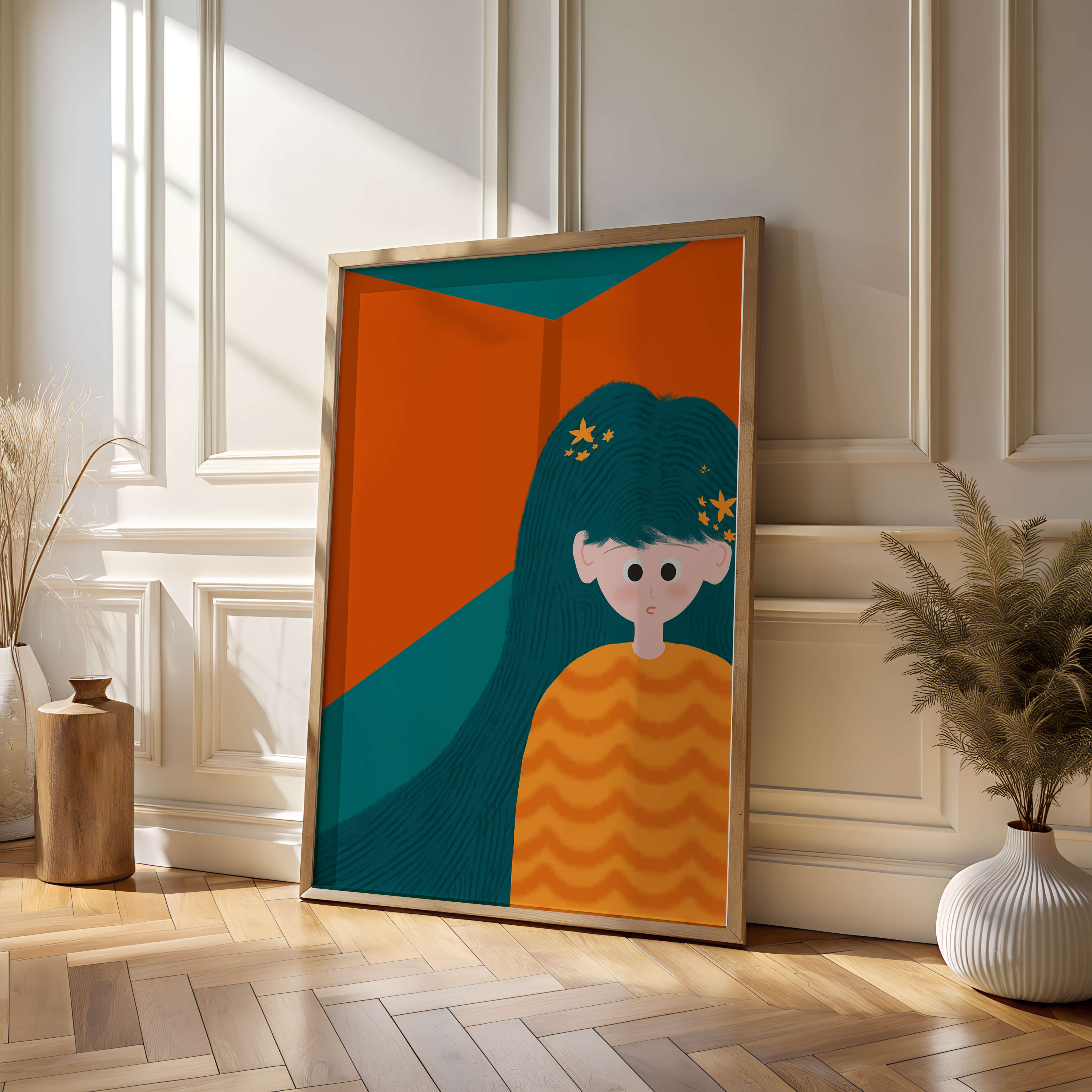 Colorful abstract illustration of a character with teal hair and orange background