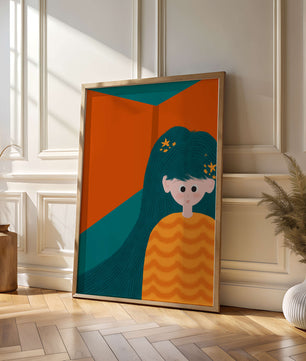 Colorful abstract illustration of a character with teal hair and orange background